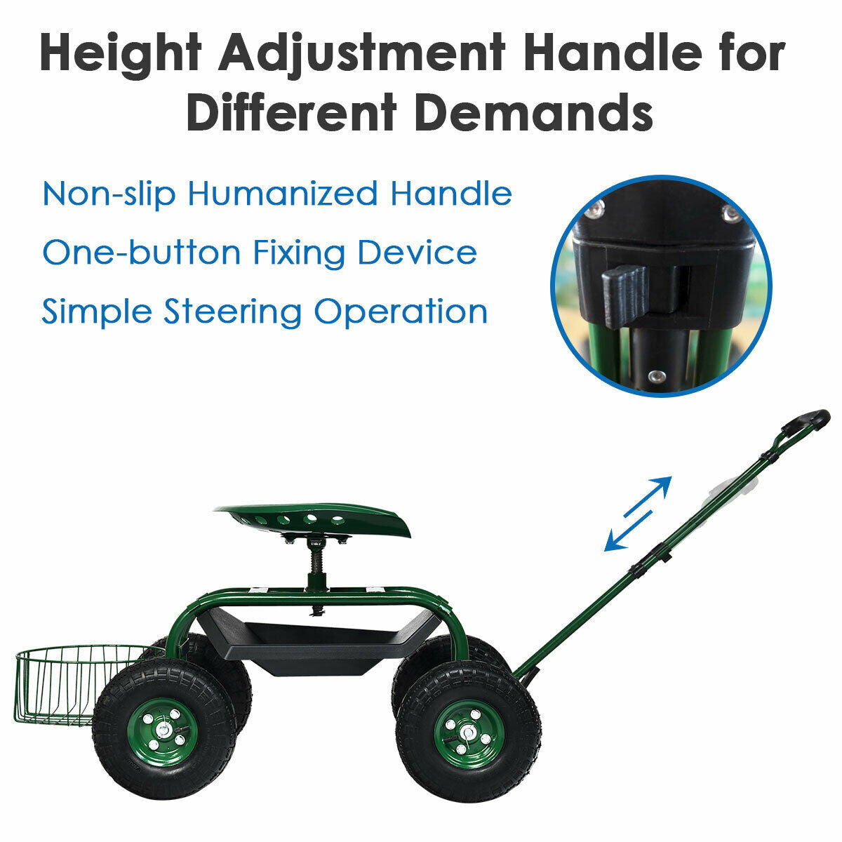 Garden Cart with 360 Swivel Seat & Tool Tray – Green