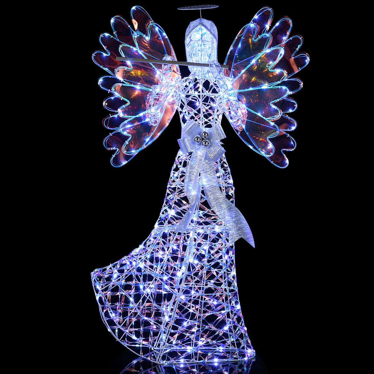 Lighted Angel Christmas Decoration 3D Glittering Halo with Flute - Indoor Outdoor Holiday Decor