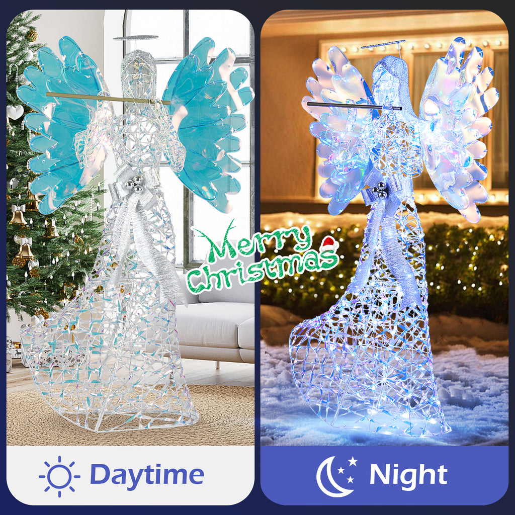 Lighted Angel Christmas Decoration 3D Glittering Halo with Flute - Indoor Outdoor Holiday Decor