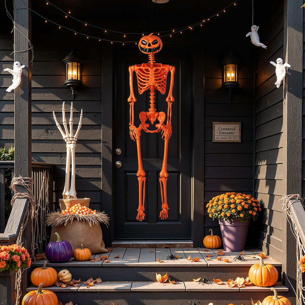 Life-Size Halloween Skeleton with Pumpkin Head & Movable Joints - Indoor Outdoor Decor