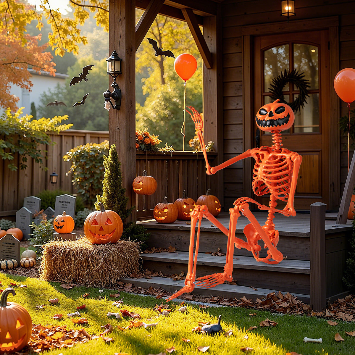 Life-Size Halloween Skeleton with Pumpkin Head & Movable Joints - Indoor Outdoor Decor