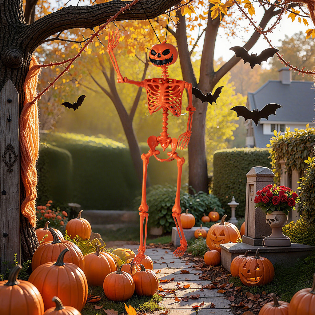 Life-Size Halloween Skeleton with Pumpkin Head & Movable Joints - Indoor Outdoor Decor
