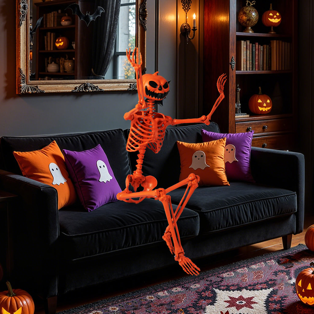 Life-Size Halloween Skeleton with Pumpkin Head & Movable Joints - Indoor Outdoor Decor