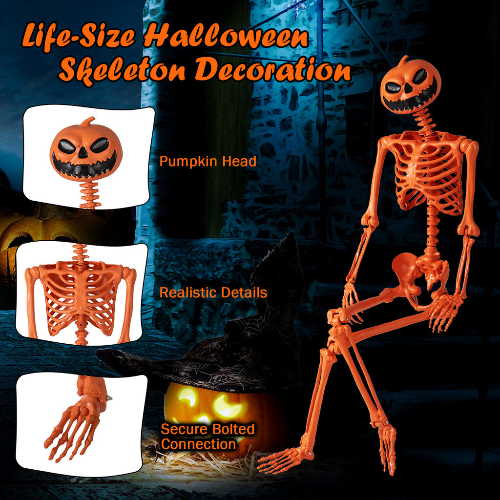 Life-Size Halloween Skeleton with Pumpkin Head & Movable Joints - Indoor Outdoor Decor