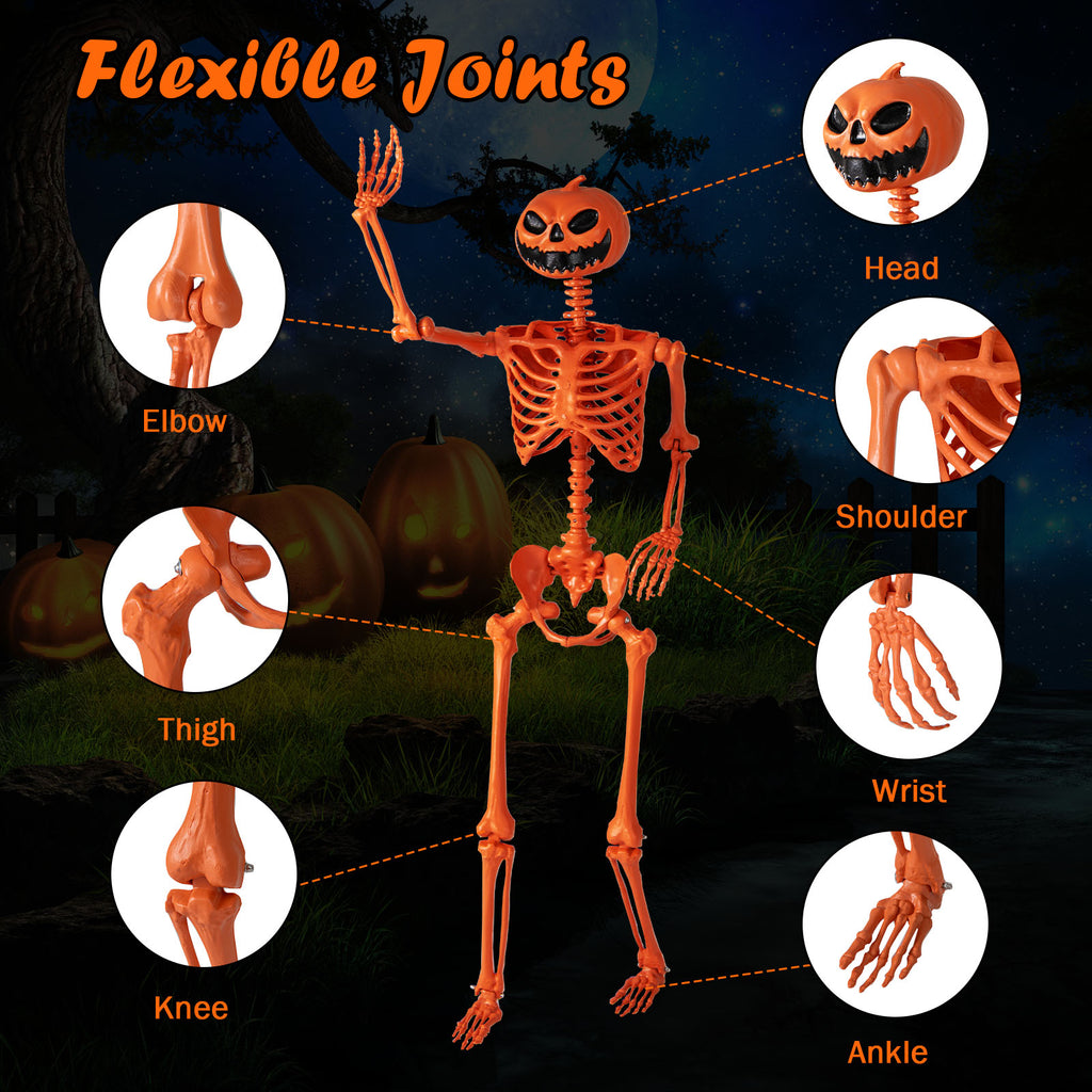 Life-Size Halloween Skeleton with Pumpkin Head & Movable Joints - Indoor Outdoor Decor