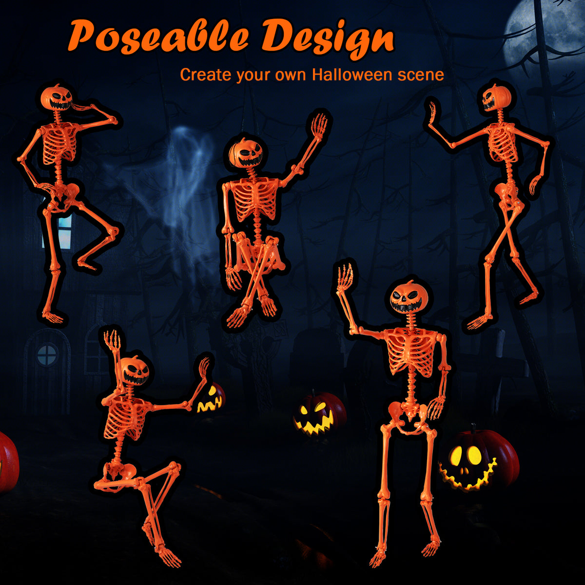 Life-Size Halloween Skeleton with Pumpkin Head & Movable Joints - Indoor Outdoor Decor