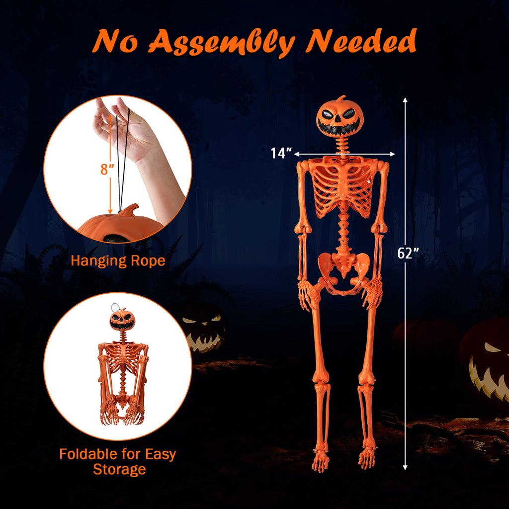 Life-Size Halloween Skeleton with Pumpkin Head & Movable Joints - Indoor Outdoor Decor