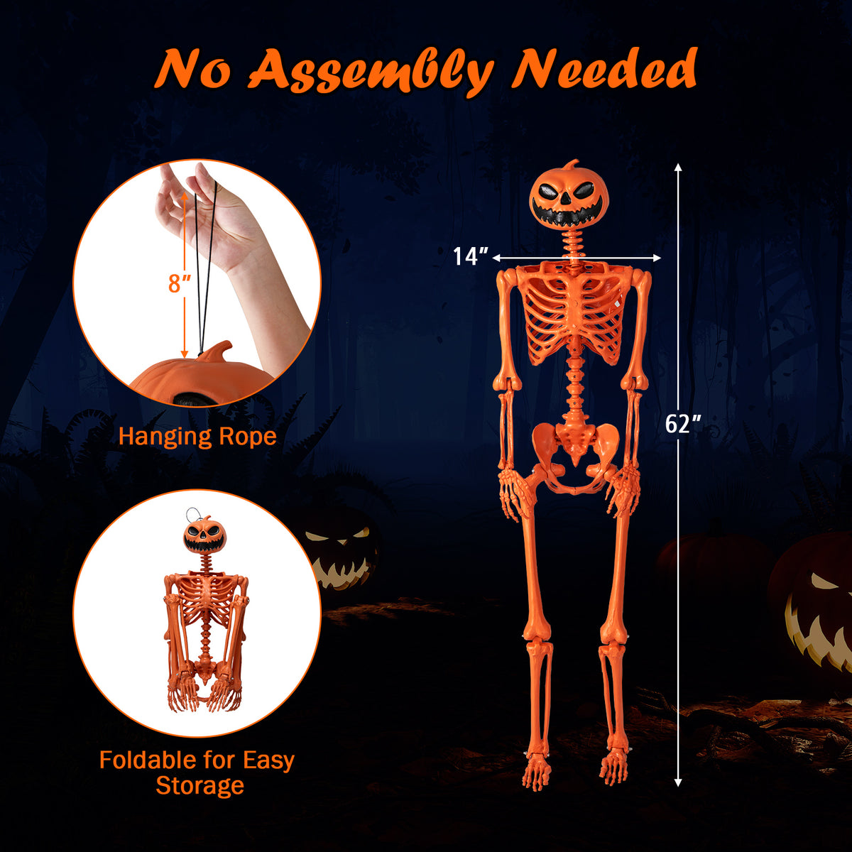 Life-Size Halloween Skeleton with Pumpkin Head & Movable Joints - Indoor Outdoor Decor