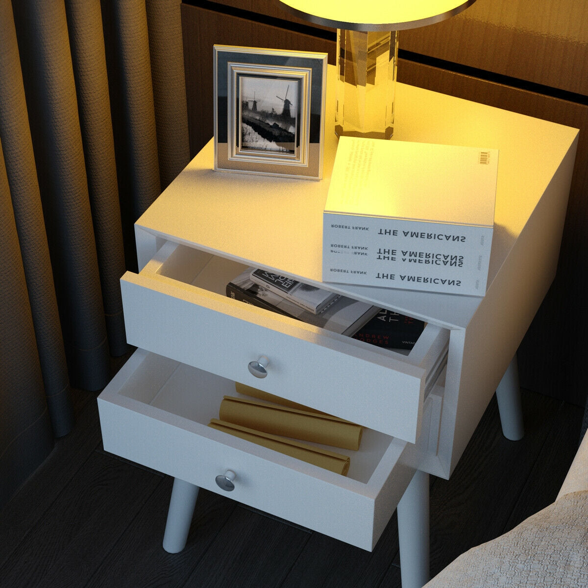 Mid-Century End Table with Storage Drawers - White