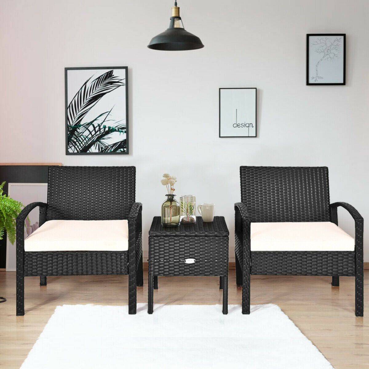 3 Pieces PE Rattan Wicker Sofa Set with Washable and Removable