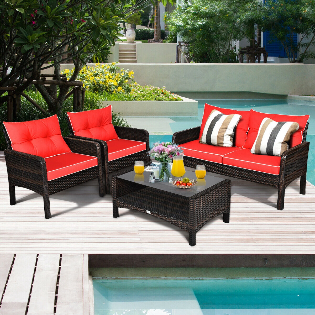 4-Piece Patio Rattan Sofa Set with Coffee Table - Red