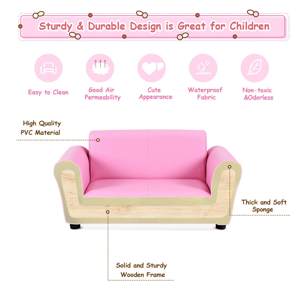 Pink Kid's Double Couch Lounge Sofa with Ottoman - Childrens Play & Sleep