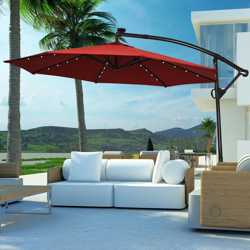 10 x 8 Feet Solar LED Patio Umbrella 360° Rotation, Dark Red