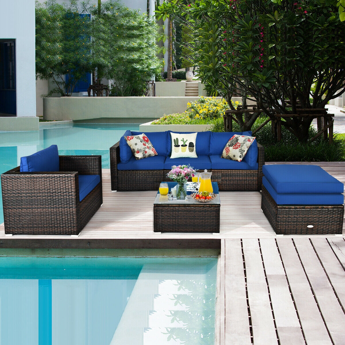 6-Piece Patio Rattan Sectional Set with Cushions - Blue