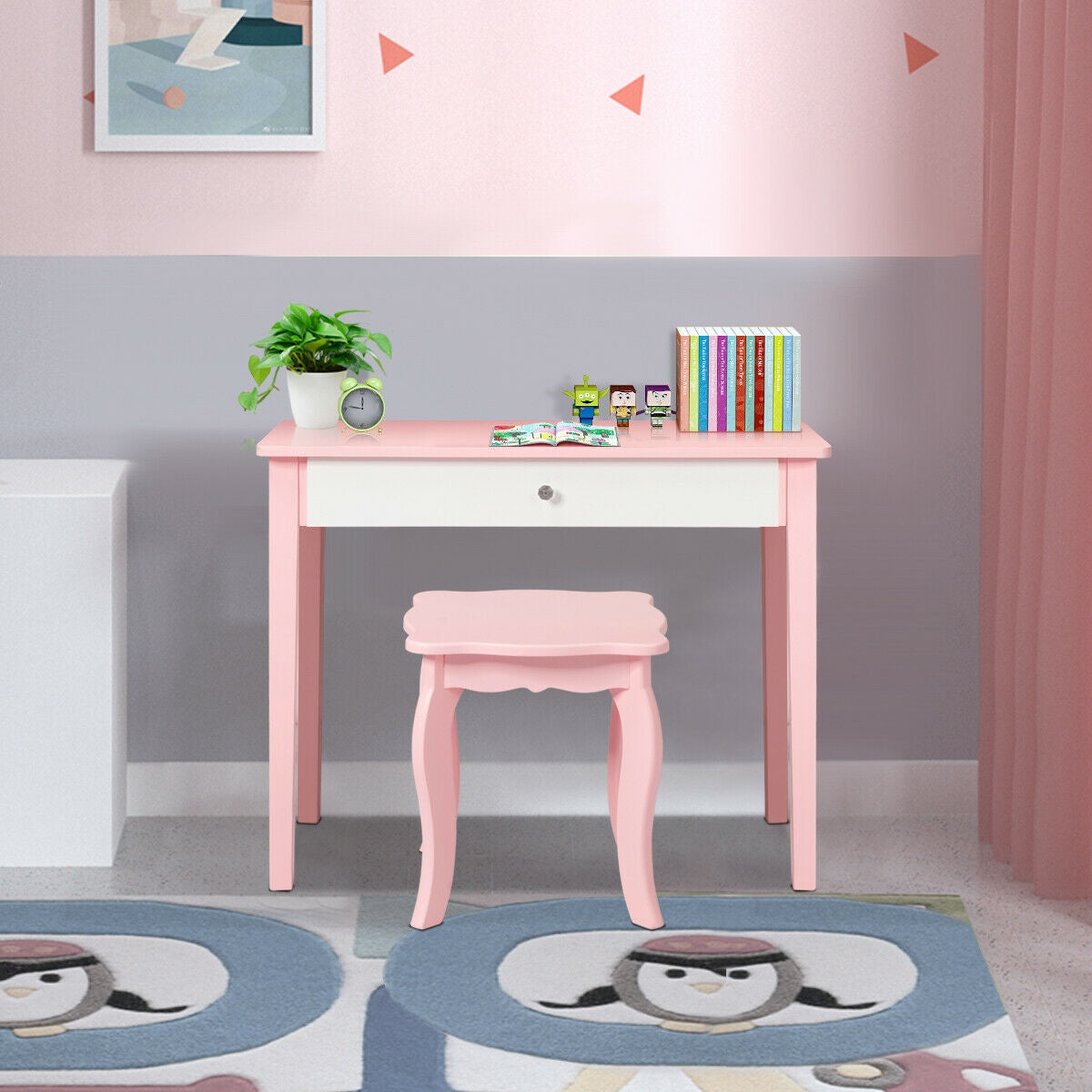 Kids Vanity Dressing Table with Tri-Fold Mirror and Chair - Pink, No Lights & Mirror