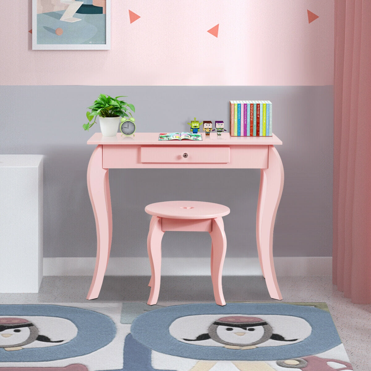 Kids Princess Makeup Dressing Play Table Set with Mirror - Pink