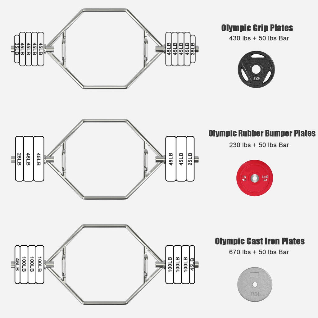 56 Inch Olympic Hexagon Deadlift Trap Bar with Folding Grips for 2-Inch Plates - Silver