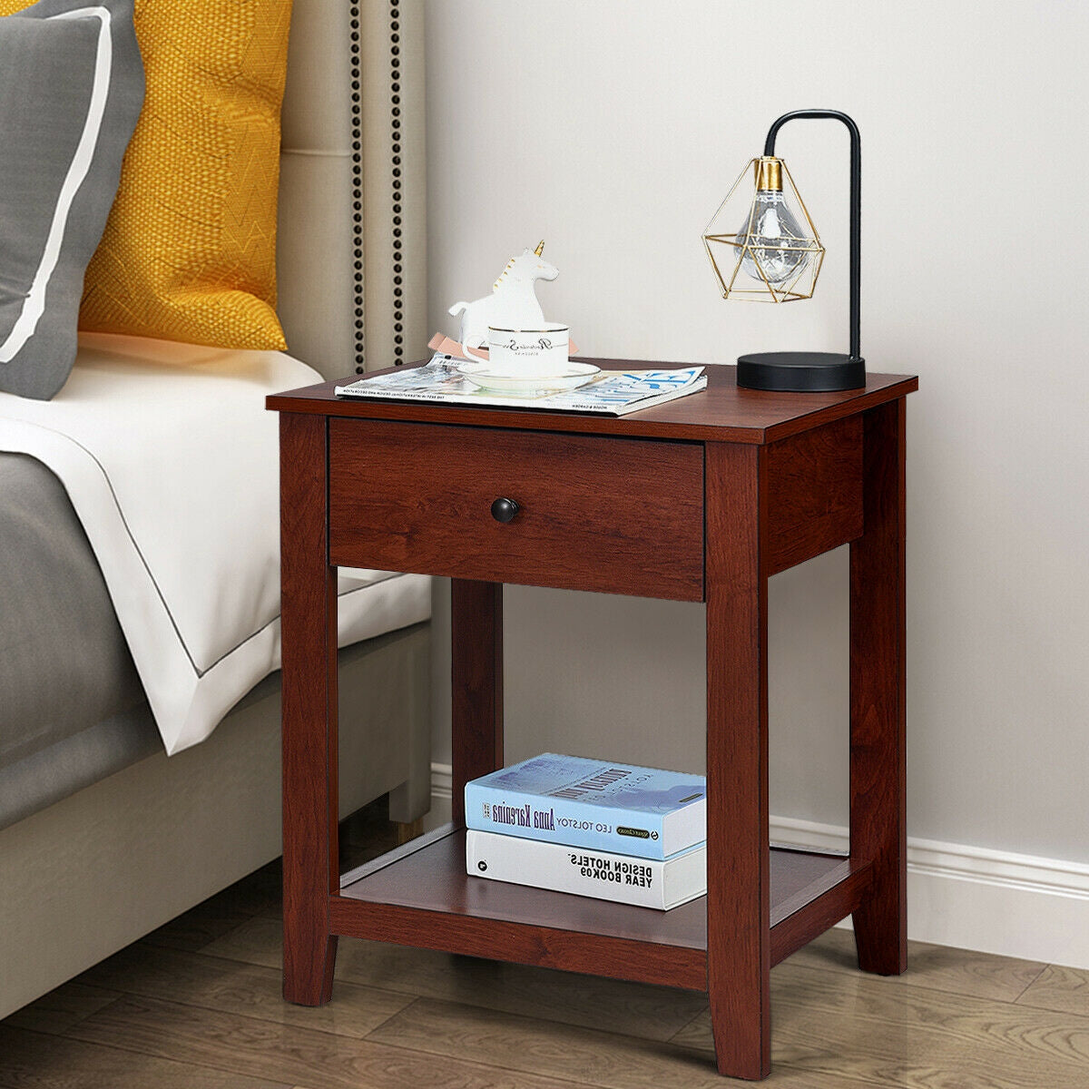 Set of 2 Nightstands with Drawer and Open Shelves