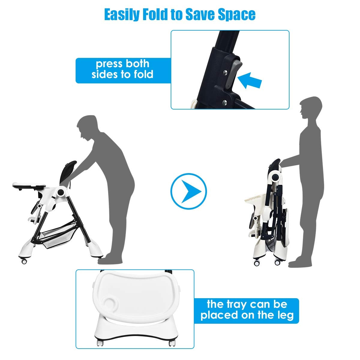 A-Shaped Baby High Chair with Lockable Wheels, Black - Foldable & Safe