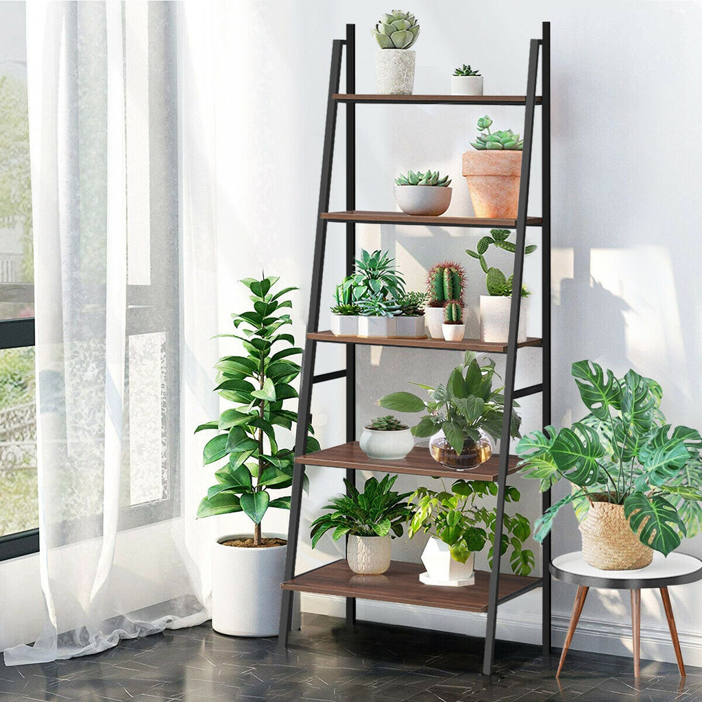 5-Tier Leaning Bookshelf Wood Metal Bookcase