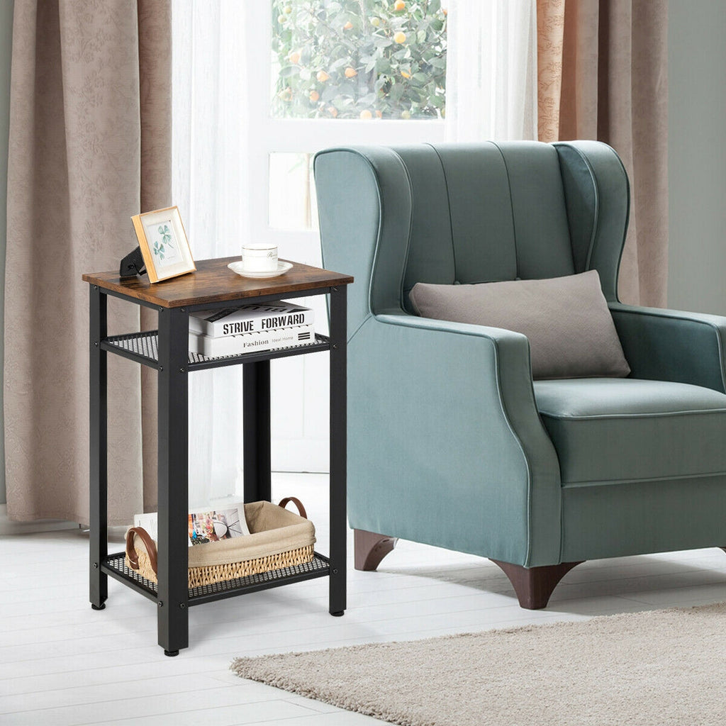 3-Tier Industrial End Table with Metal Mesh Shelves