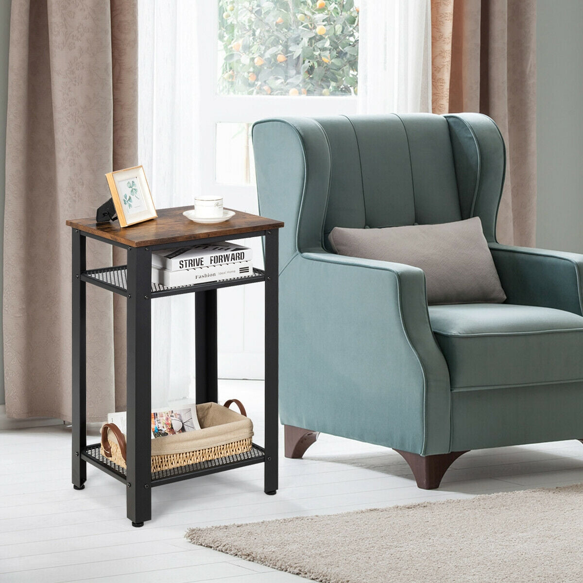 3-Tier Industrial End Table with Metal Mesh Shelves