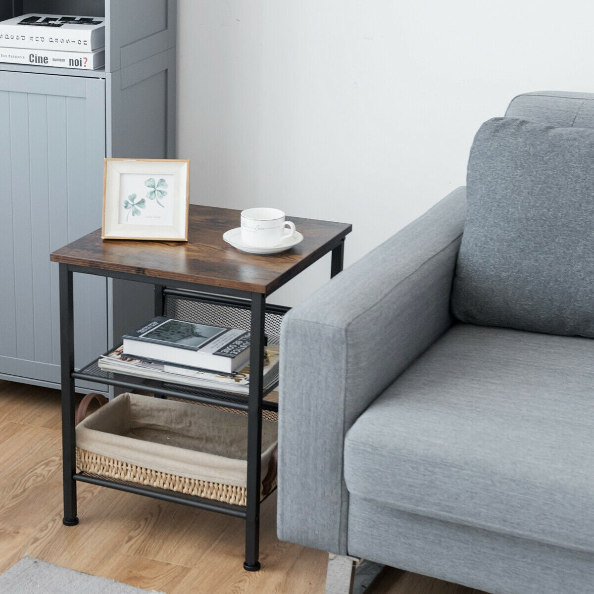 3-Tier Industrial End Table with Mesh Shelves – Adjustable