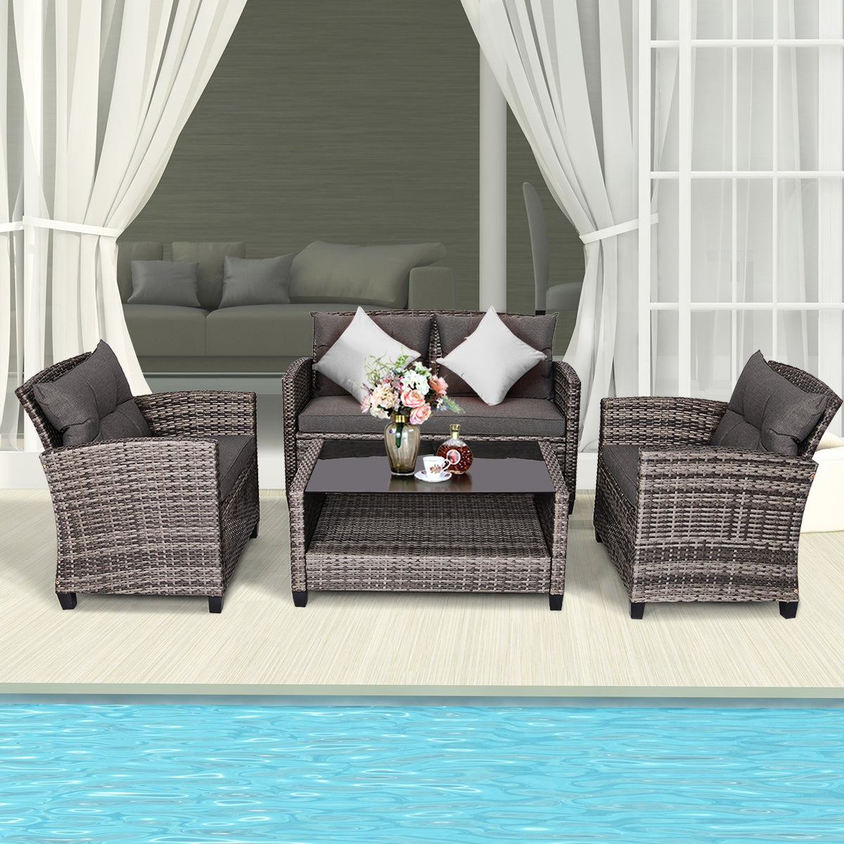 4-Piece Patio Rattan Furniture Set with Loveseat, Sofas & Coffee Table - Gray