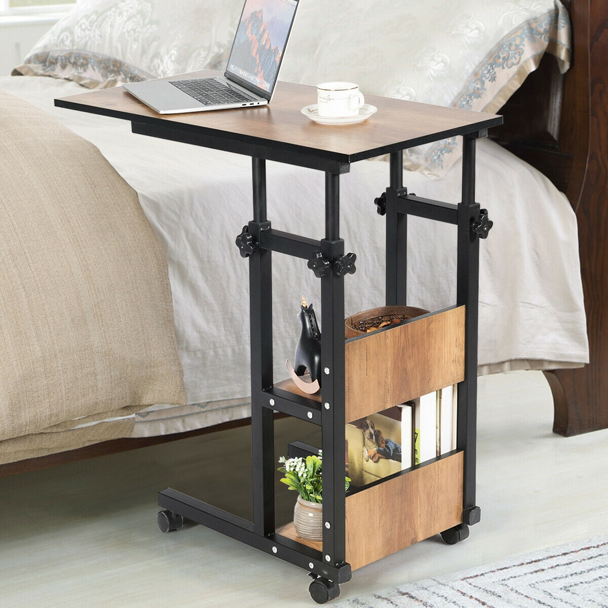 C-Shape Mobile End Table with Storage Shelves