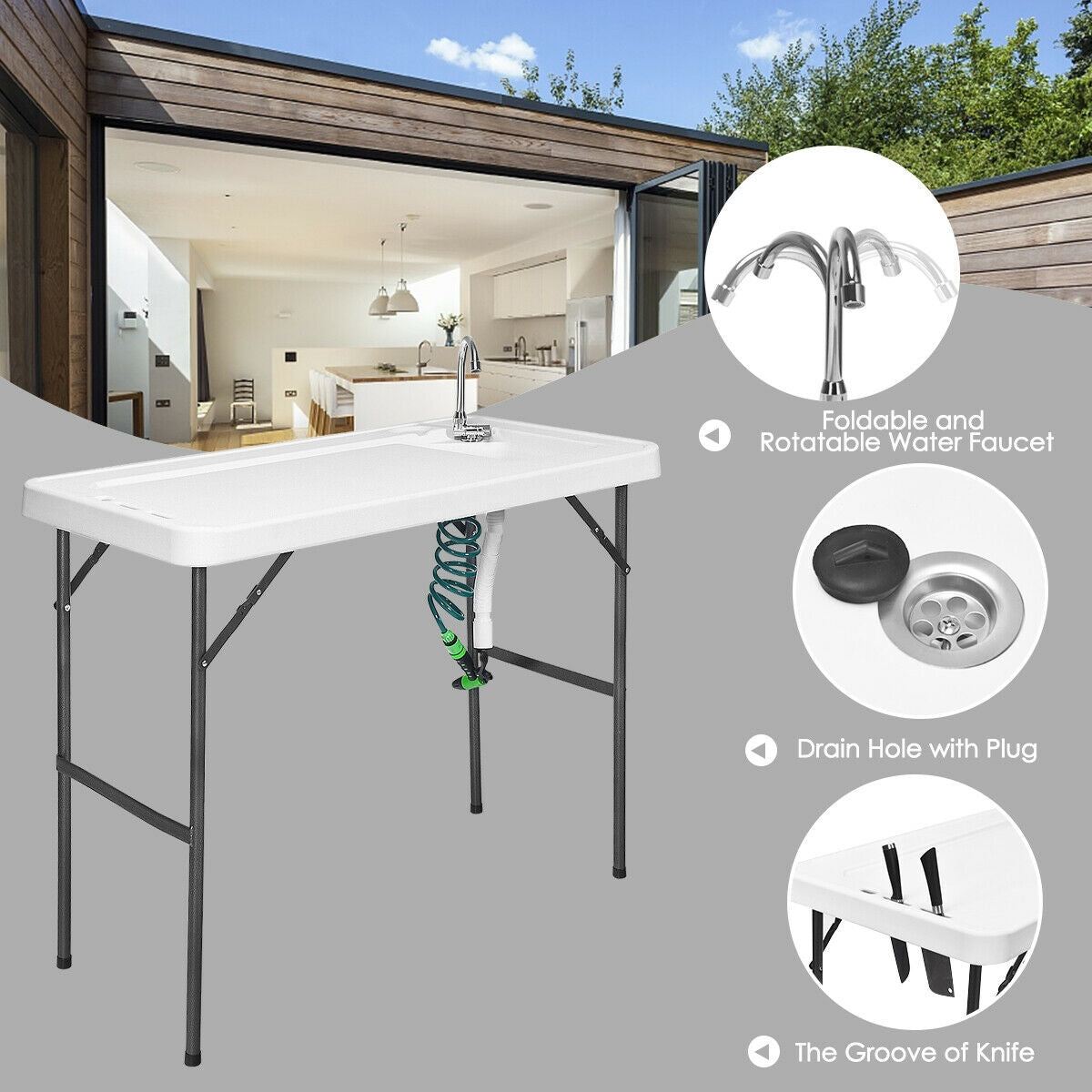 Folding Camping Sink Table with Faucet & Sprayer