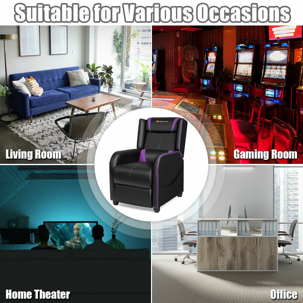 Gaming Recliner Chair with Massage & Footrest - Purple