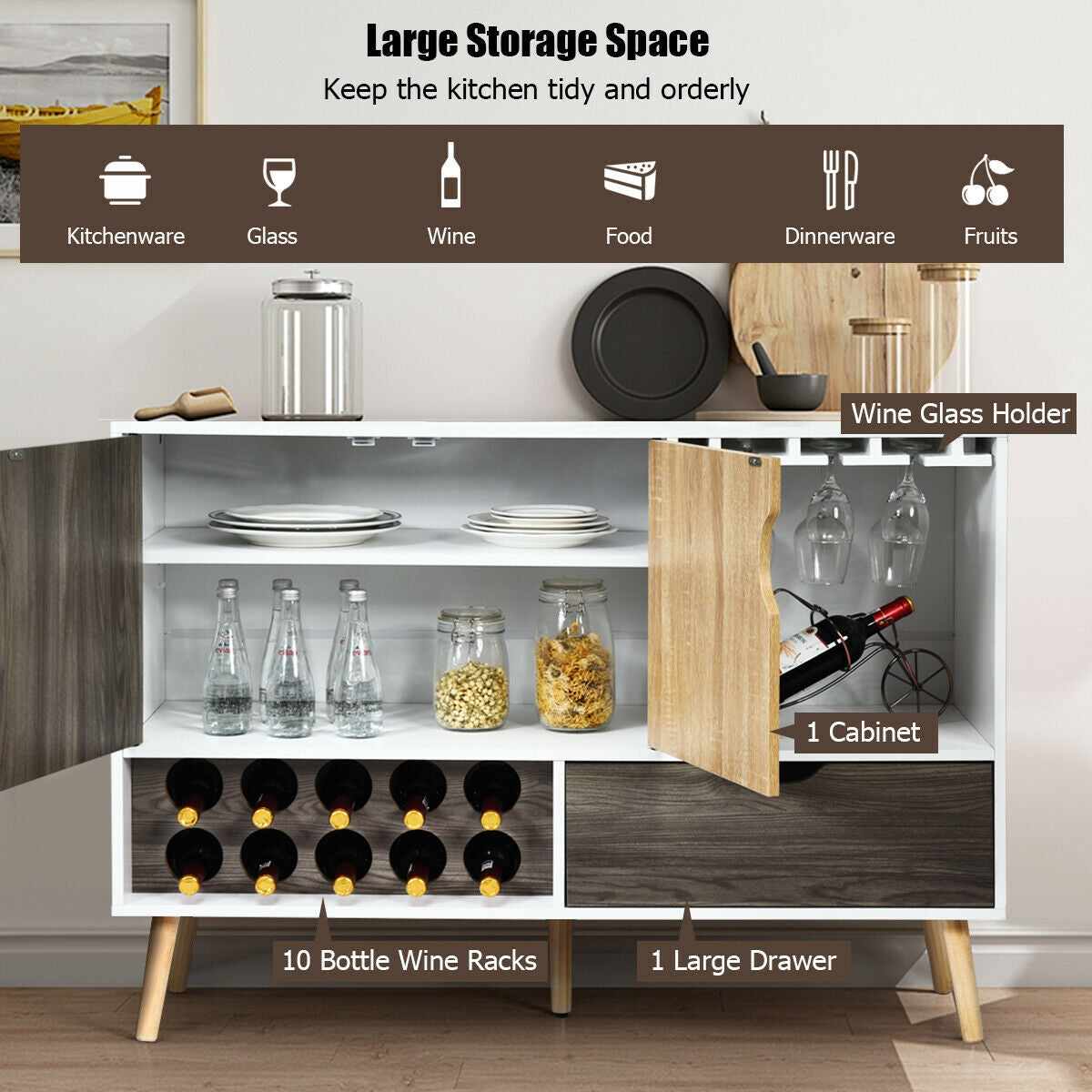 Mid-Century Sideboard with Wine Rack - Wooden Storage Cabinet