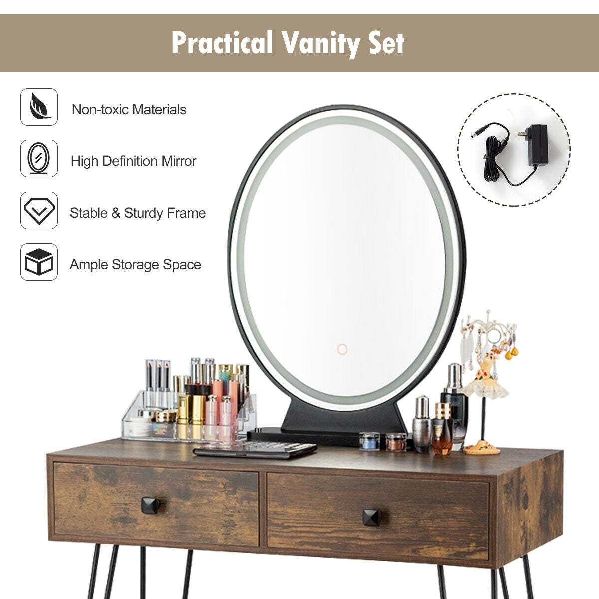 Makeup Dressing Table with LED Lighting - Rustic Brown