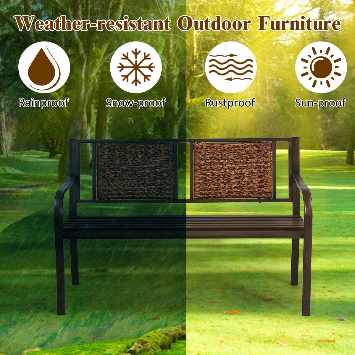 Patio Garden Bench with PE Rattan & Steel Frame - Style 2