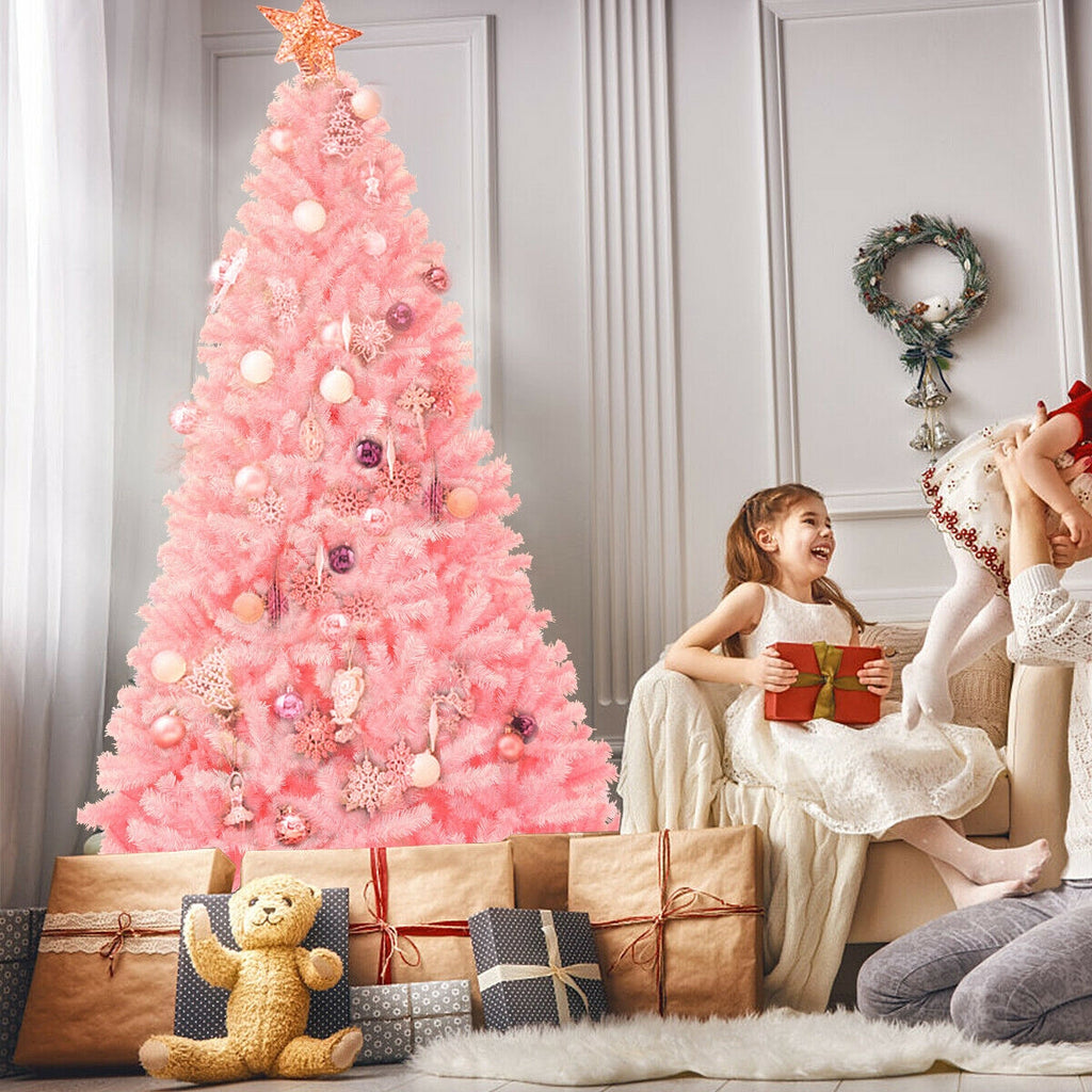 Hinged Artificial Christmas Tree 7.5 Feet Full Fir Tree Pink Holiday Decor