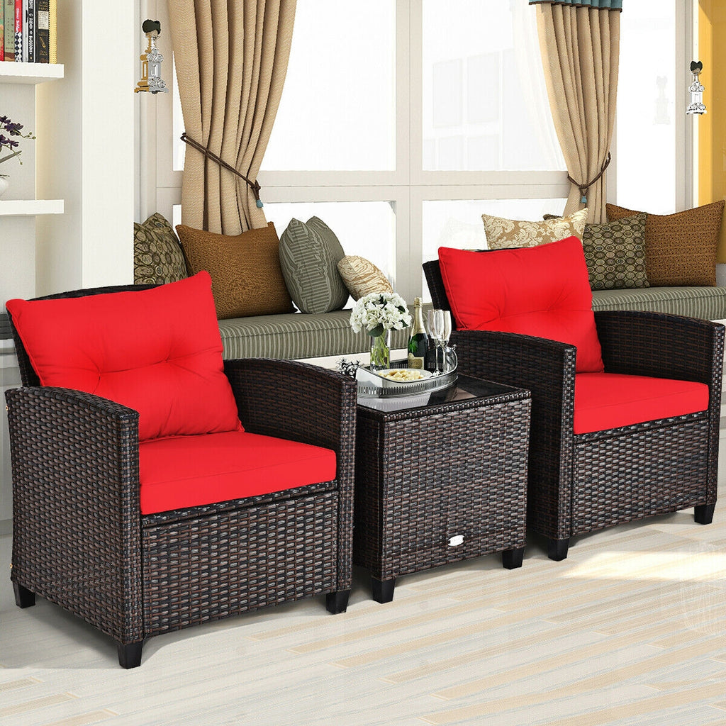 3-Piece Rattan Patio Furniture Set, Brown Rattan, Red Cushions