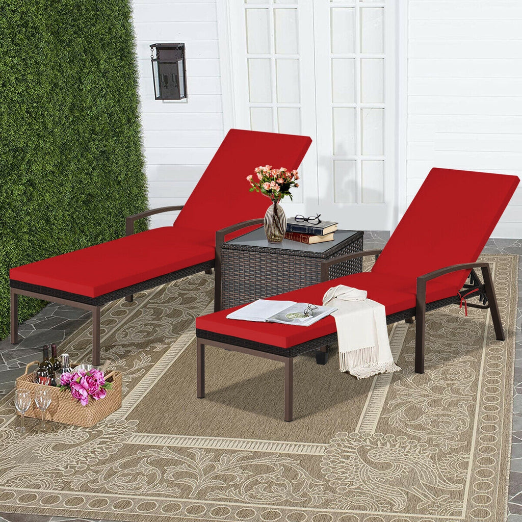 Patio Rattan Reclining Chaise Lounge Chair with Cushion – Red