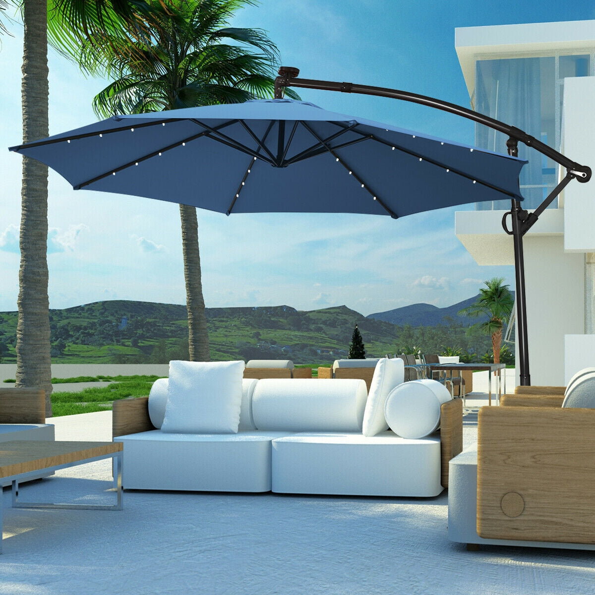 10 x 8 Feet Solar LED Patio Umbrella, 360° Rotation, Blue