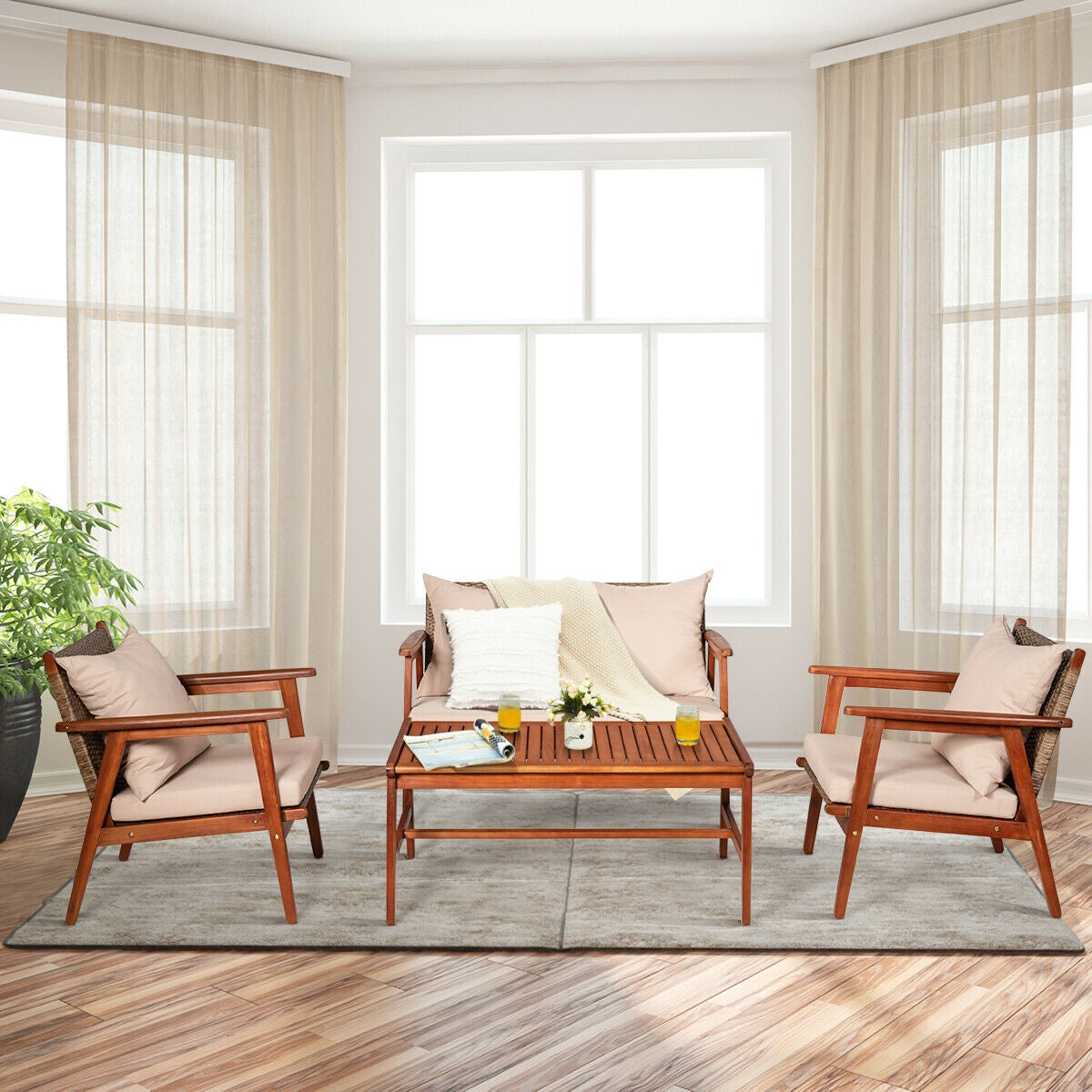 4-Piece Acacia Wood Patio Rattan Furniture Set with Cushions - Brown