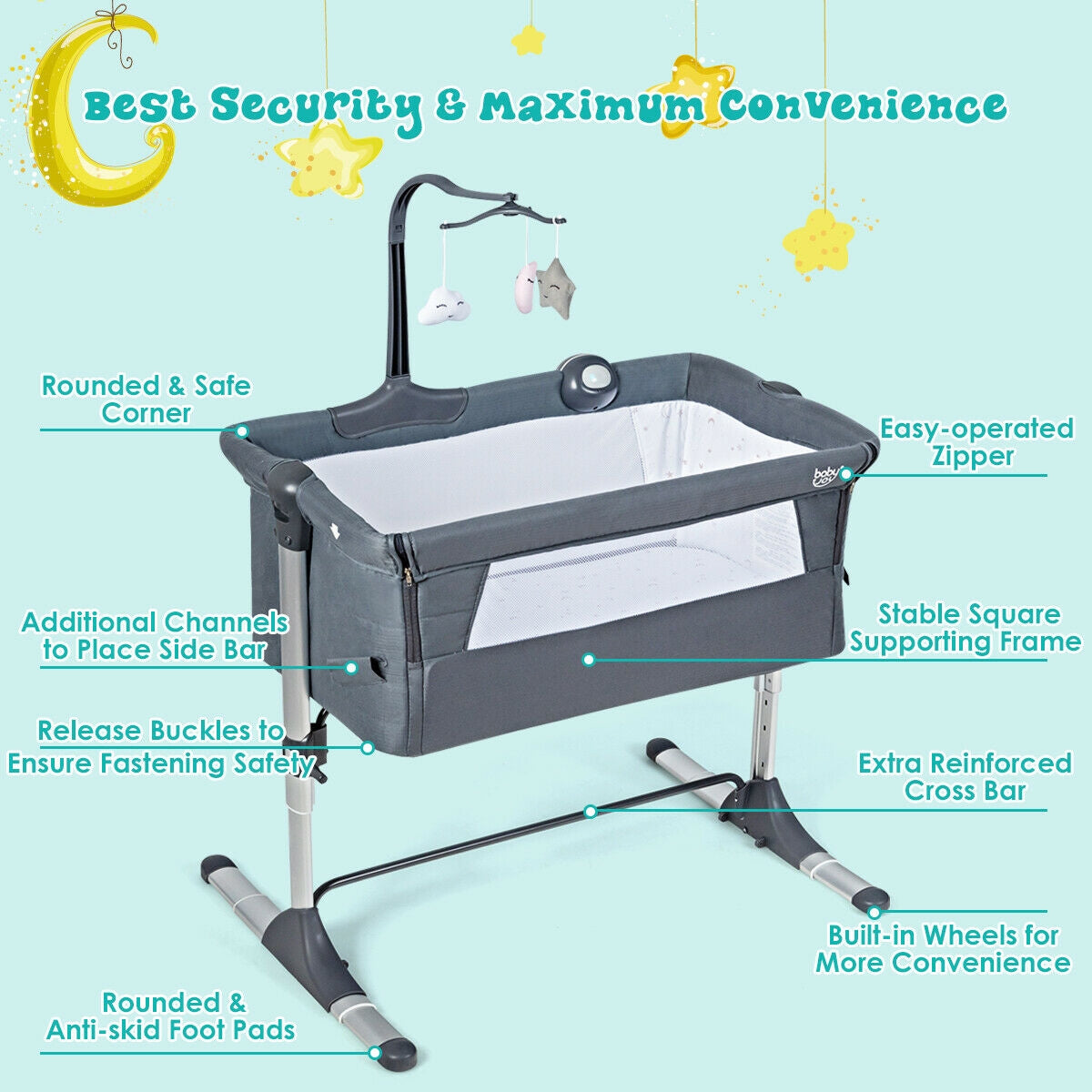Height Adjustable Baby Side Crib with Music Box & Toys - Dark Gray