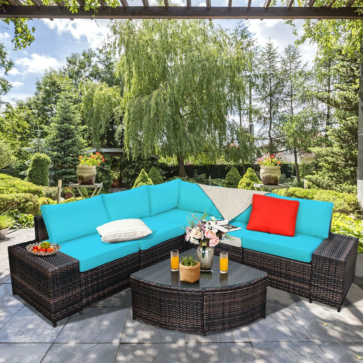 6 Piece Wicker Patio Sectional Sofa Set with Tempered Glass Coffee