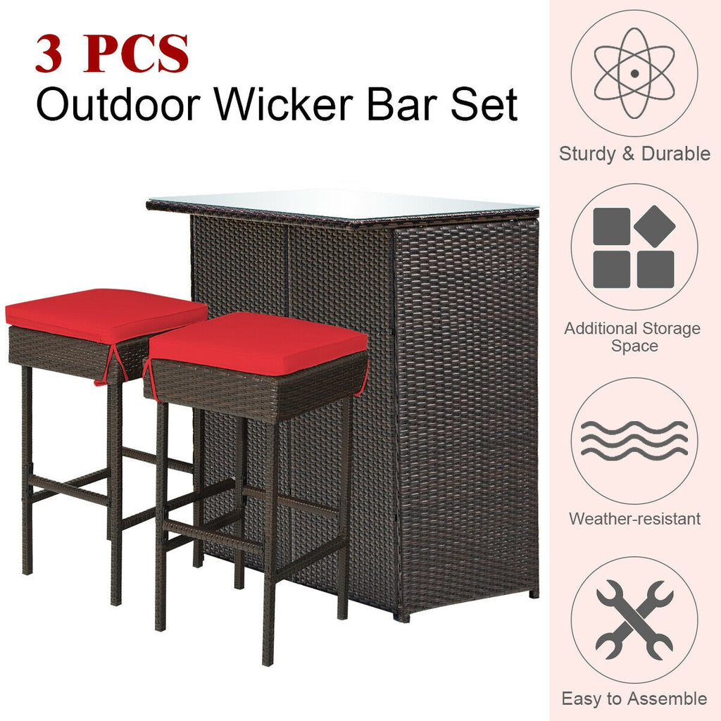 3 Pieces Outdoor Rattan Wicker Bar Set with 2 Cushions Stools