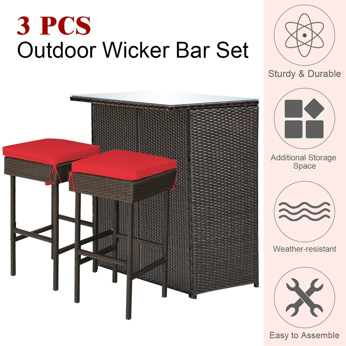 3 Pieces Outdoor Rattan Wicker Bar Set with 2 Cushions Stools