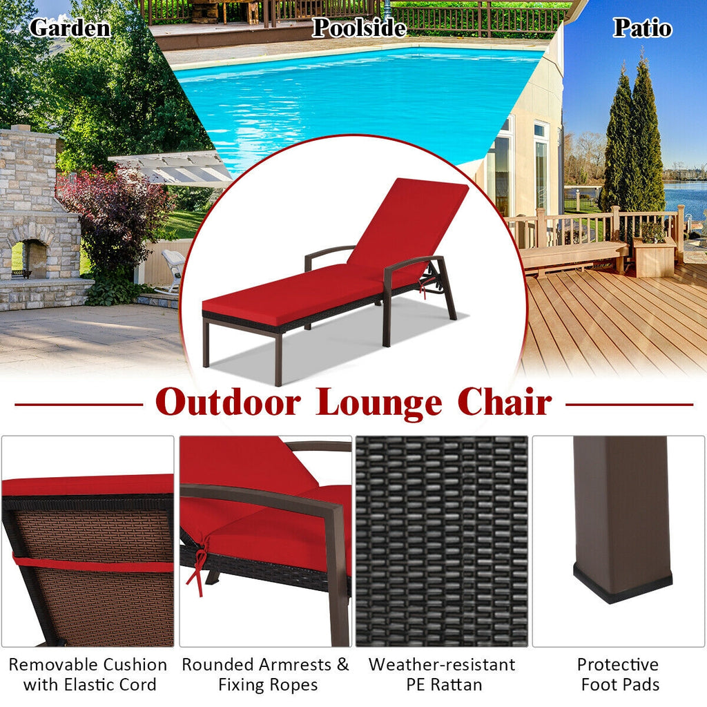 Outdoor Rattan Reclining Lounge Chair with Adjustable Backrest - Red