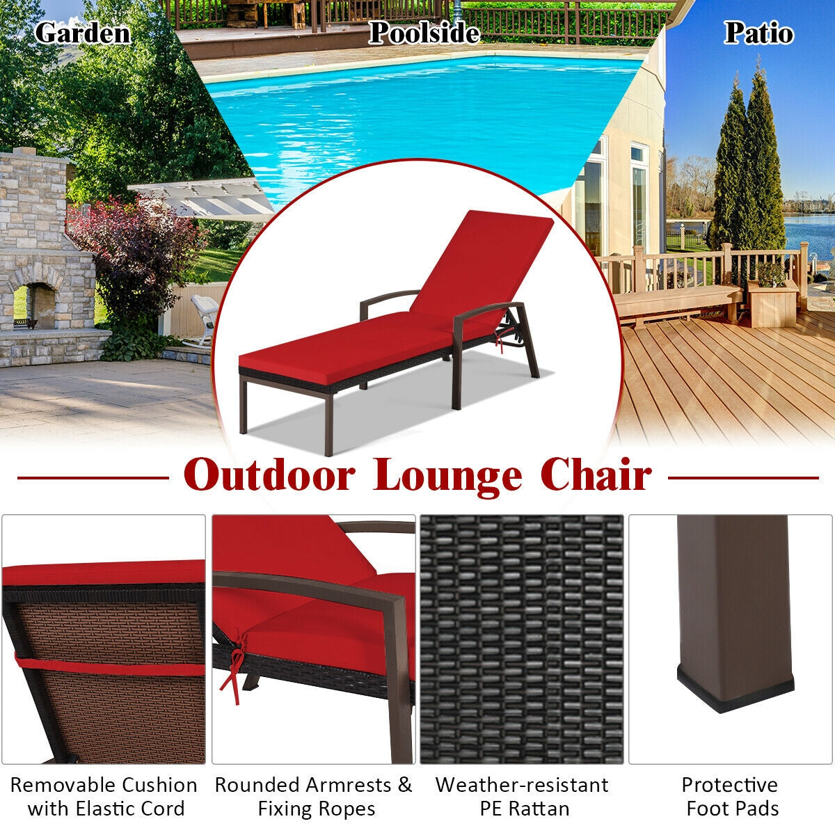 Outdoor Rattan Reclining Lounge Chair with Adjustable Backrest - Red