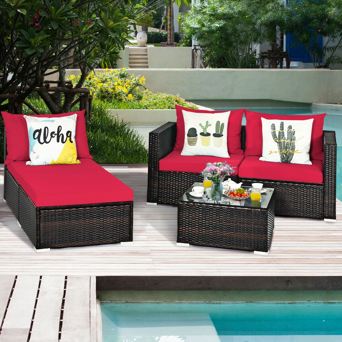 5 Pieces Patio Rattan Sectional Furniture Set with Cushions and