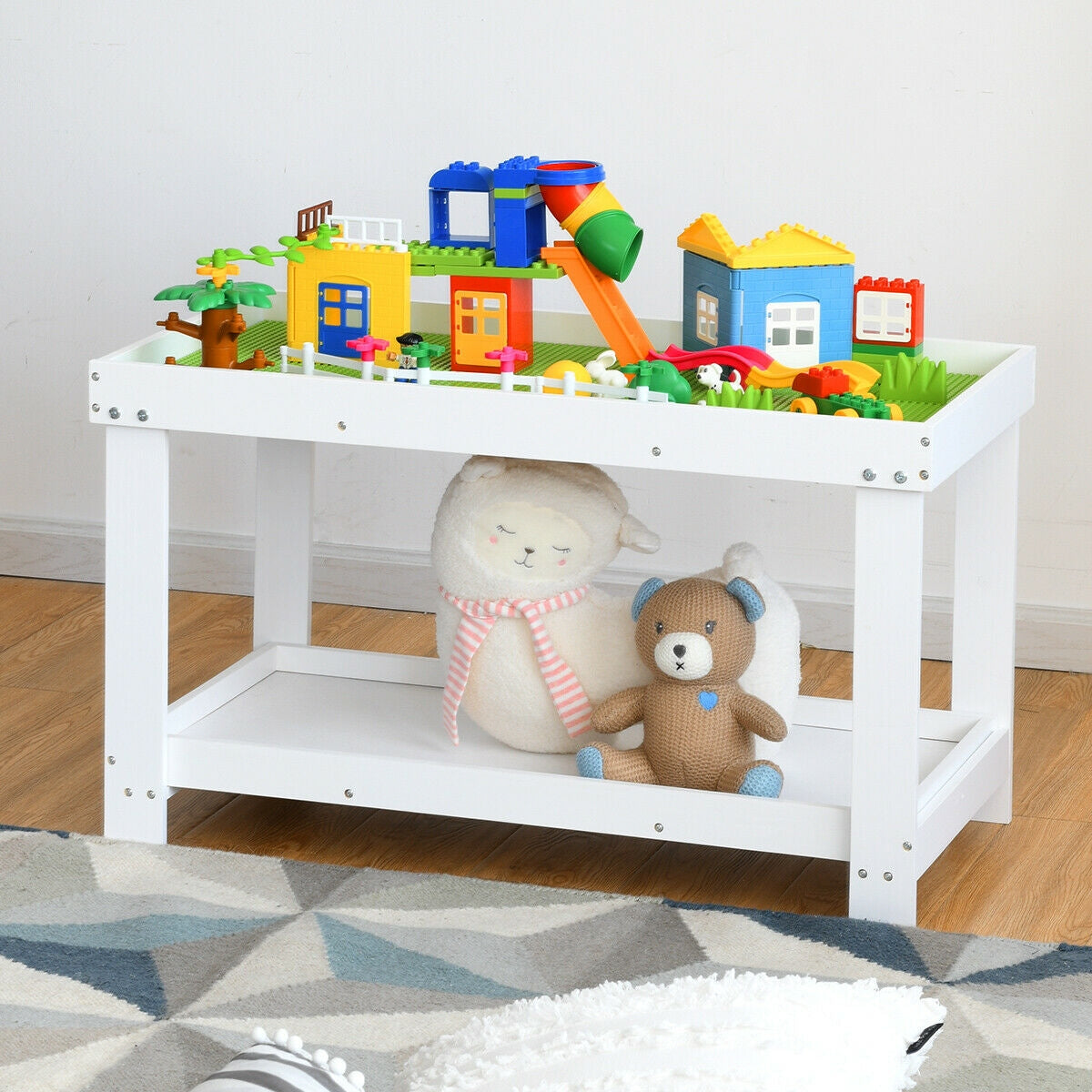 Kids Building Brick Play Table - White, Multifunctional Wooden Activity Table for Children