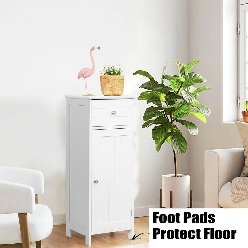 Wooden Bathroom Floor Storage Cabinet with Drawer and Adjustable Shelf