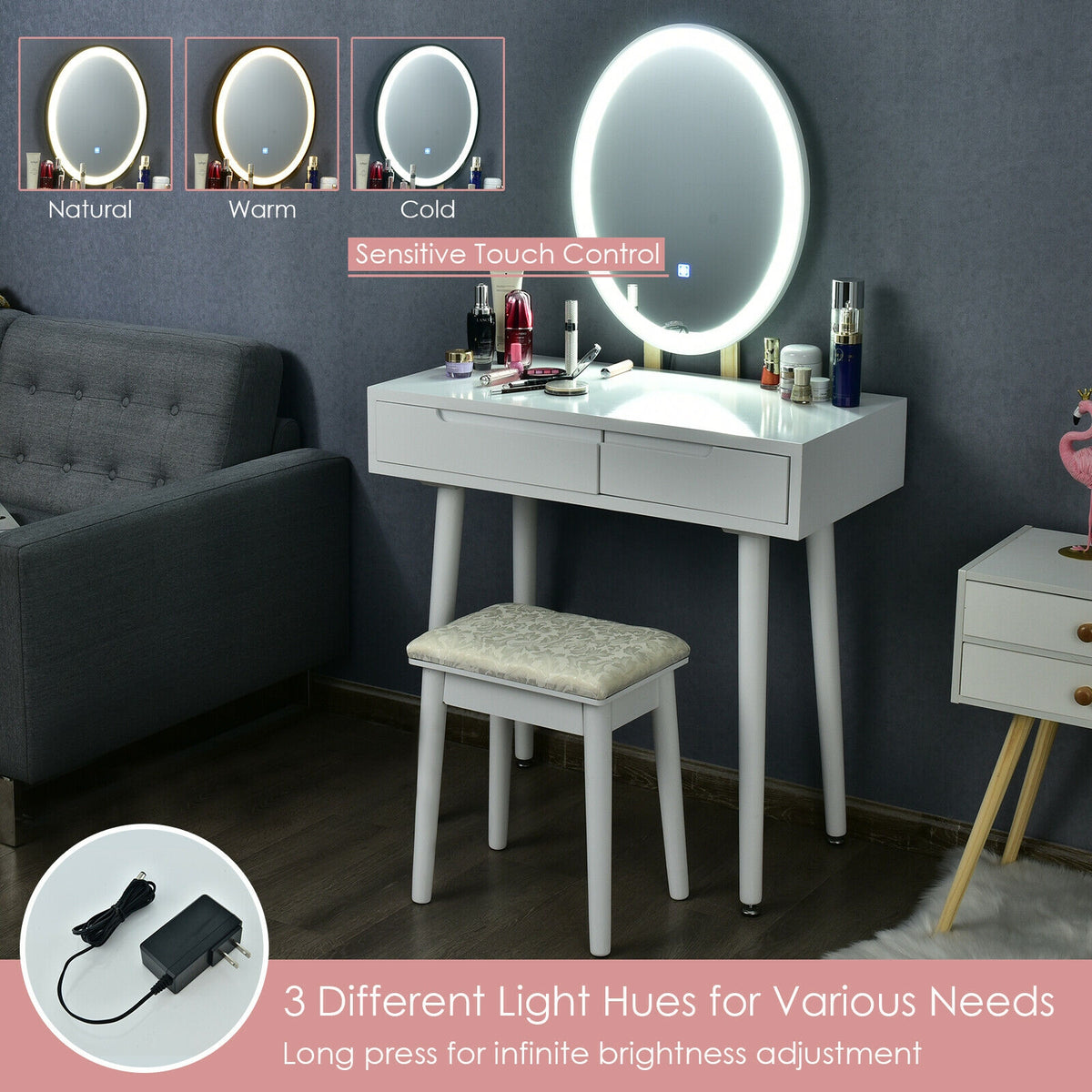 Lighted Makeup Vanity Table with Stool - White