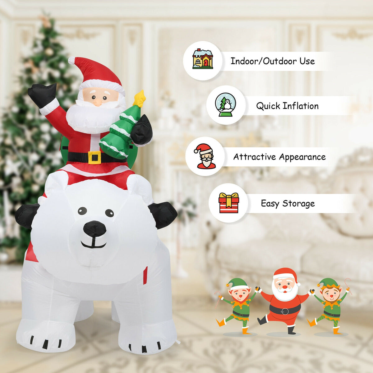 Christmas Inflatable Santa Riding Polar Bear with Shaking Head & LED Lights - 6.5 Feet - Variation: Santa Claus Riding White Bear